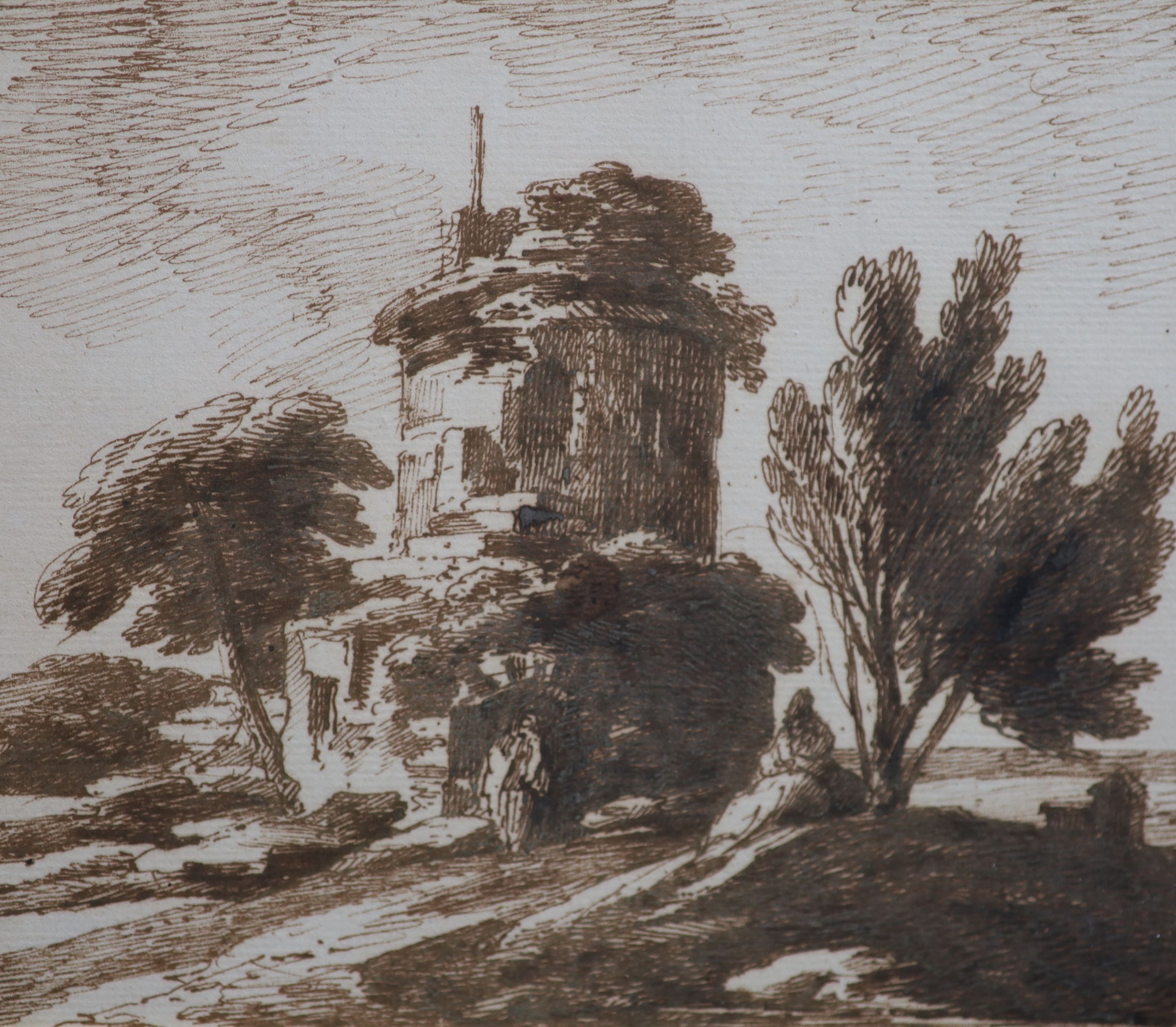 Richard Cooper Jnr. (1740-1814), Italian landscape with ruined temple and figures, pen and brown ink on paper, 16 x 18.5cm